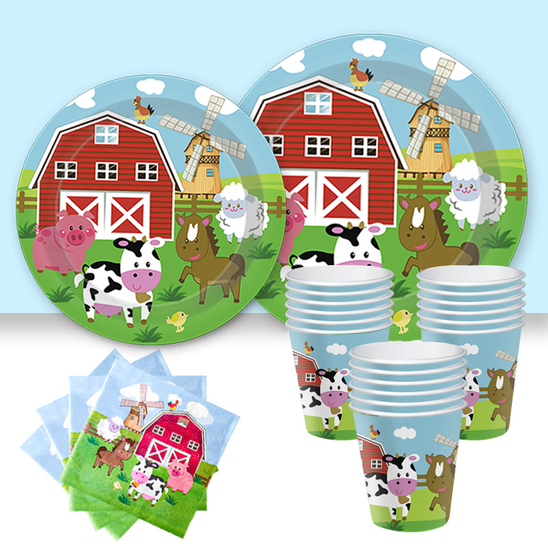 Amazon Animal Farm Tema del partido traje de cumpleaños de los niños taza de papel desechable Placa de papel mantel decoración al por mayor