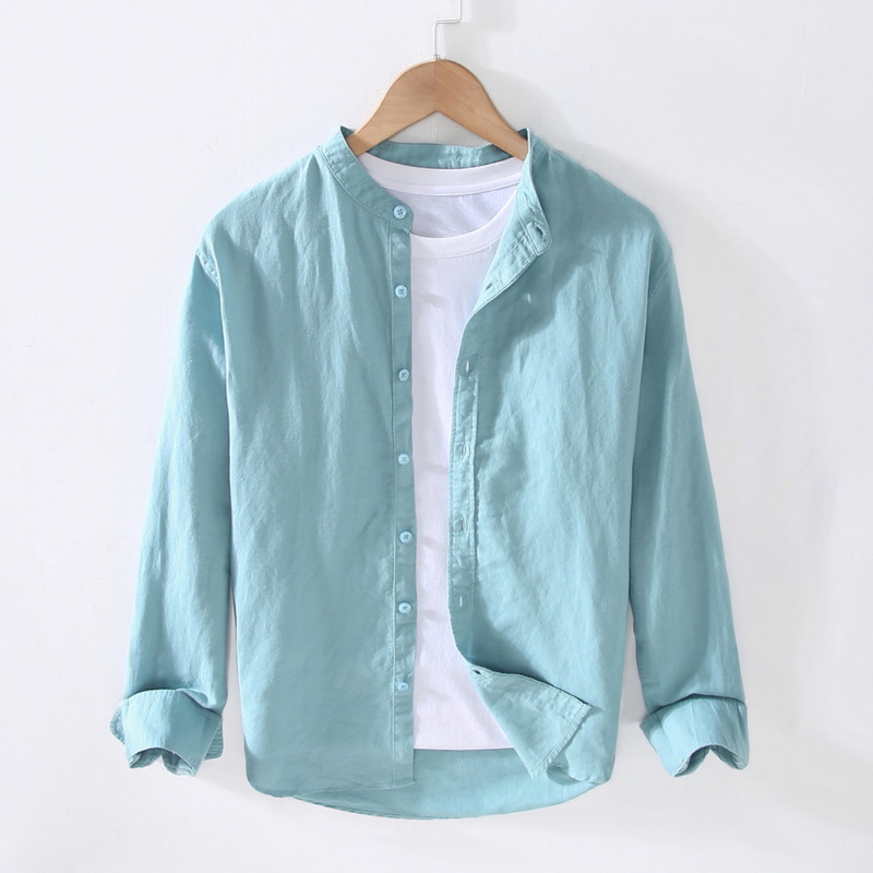 911亚麻衬衫男休闲简约长袖薄款纯色春夏季中式立领透气棉麻衬衣