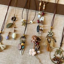 木质圆圈编织绳吊坠项链复古民族风设计毛衣链小众时尚百搭项饰女