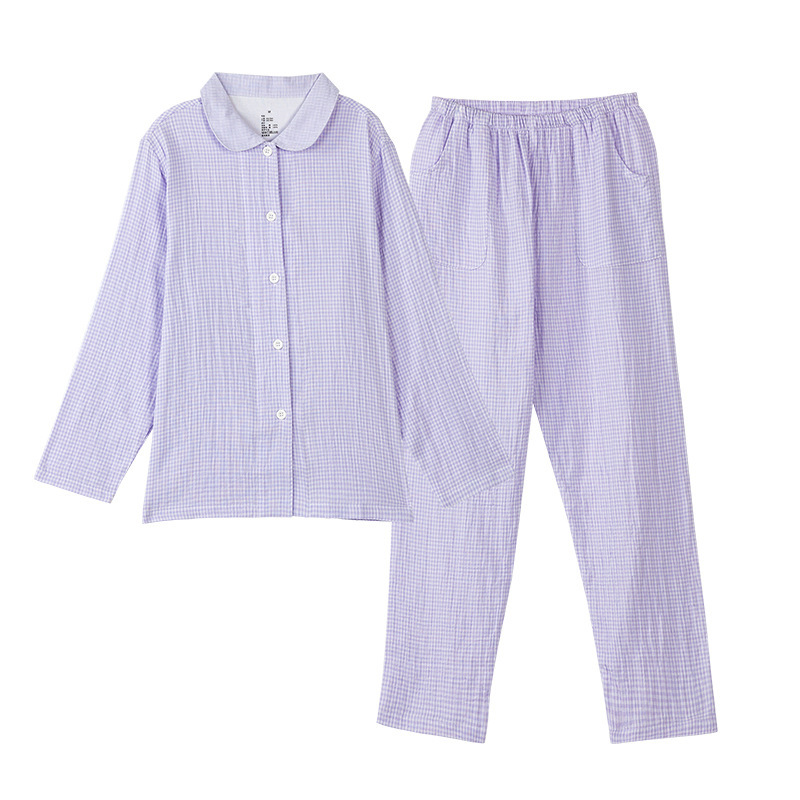日文无印全棉双层纱家居服良品七分袖细格纹睡衣女士家居服套装|undefined