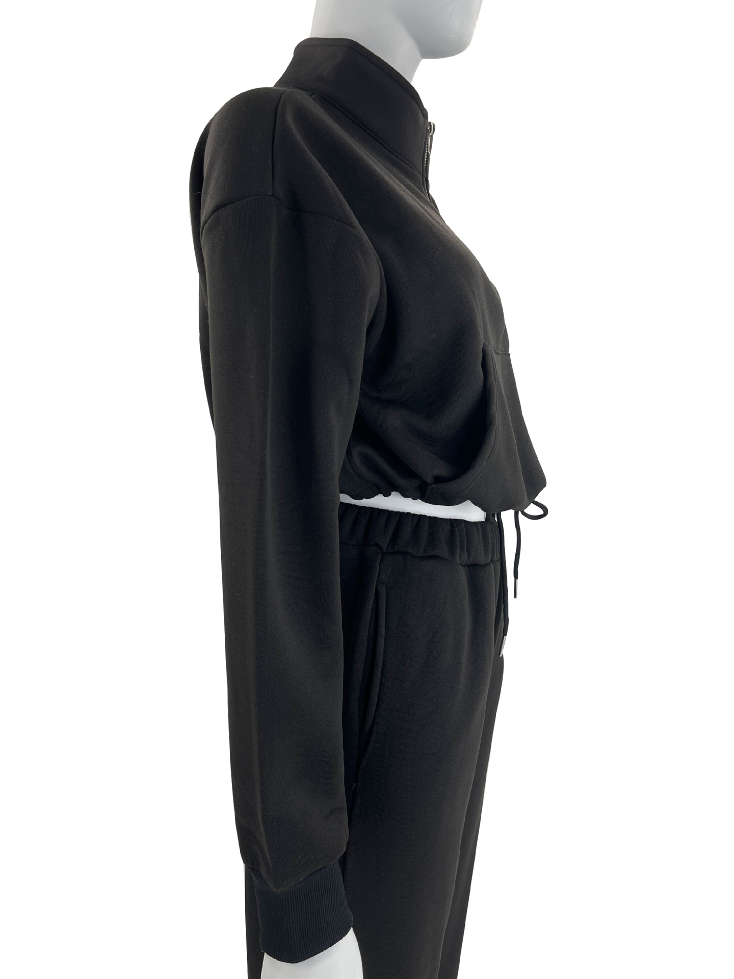 Women's Clothing 2024 autumn and winter solid color stand up collar zipper drawstring navel baring plus velvet sweatshirt casual sweatpants suit_voghion.com