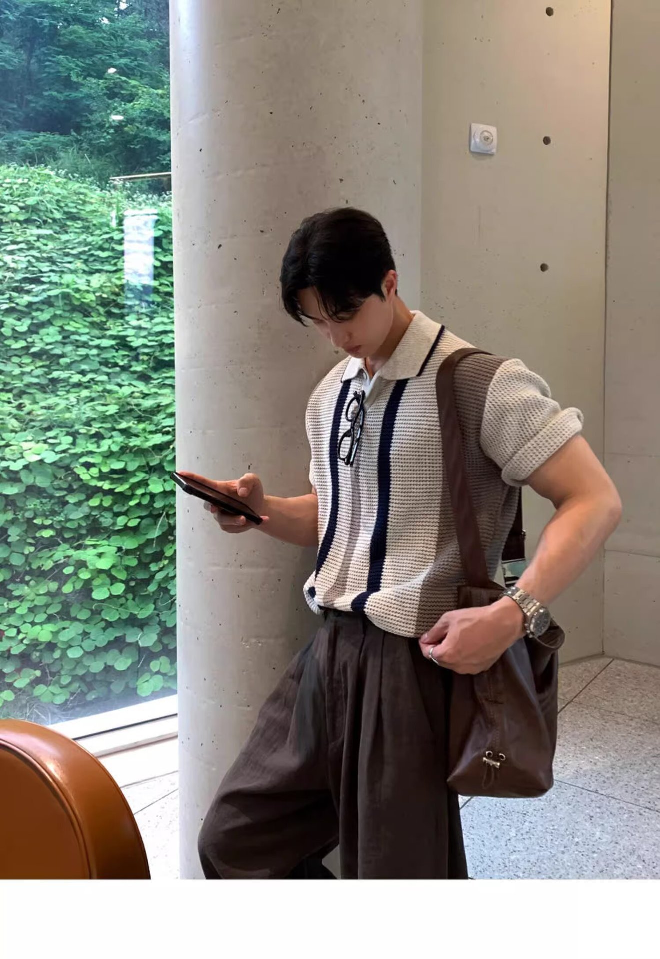 Men's High Quality Breathable Hollowed Out Color Block Knit Polo Shirt Korean Style Vertical Striped Short Sleeved T-Shirt For Spring/Summer_viptrois.com