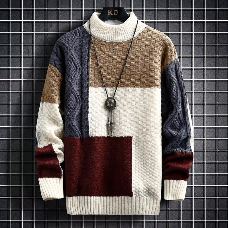 2025 Knitwear Men's Autumn and Winter Thickeneded Splicing Korean Style Trbottomyy Knitwear Bottoming Knitwear Men's Delivery