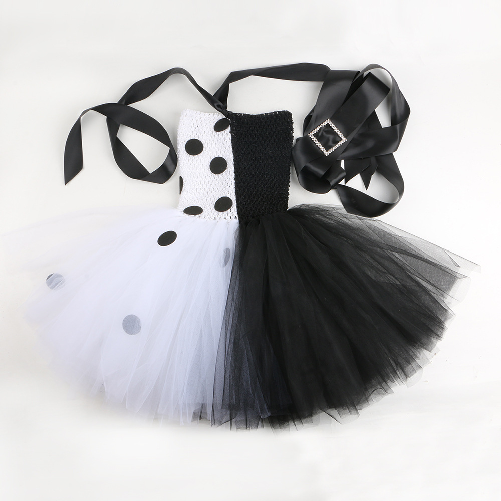 Kinderkleidung Schwarz-weißer Hexen-Netzrock Cruella de Vil Cosplay-Kostüm 101 treuer Hund Cruella Kinderprinzessinnenrock_voghion.com