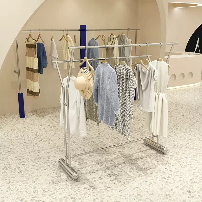 服装店展示架不锈钢拉丝中岛架双层高低挂衣架男女装货架陈列道具