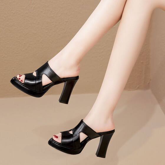 2024 New Style Thick Heel Slippers Women's Hollow Summer Outer Wear Fish Mouth Slippers Waterproof Platform Thick Bottom High Heel Sandals for Women