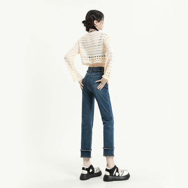 High-end Retro Blue Straight Pants Women's New Stretch High Waist Slimming Double-layer Tassel Ruffed Smoke Tube Jeans