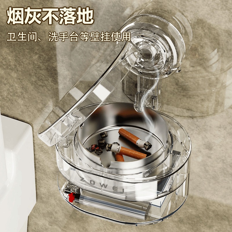 Ceniciero de ventosa enciendedor de cajas de cigarrillos de balcón para almacenar tazón de cigarrillos de acero inoxidable incorporado con cubierta volante a prueba de viento