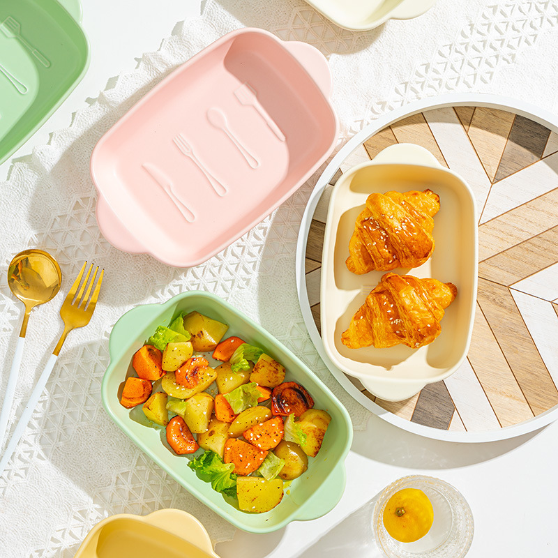 High Color Value Ceramic Binaural Square Baking Pan Macaron Candy Color Breakfast Plate Air Fryer High Temperature Resistant Special Bowl