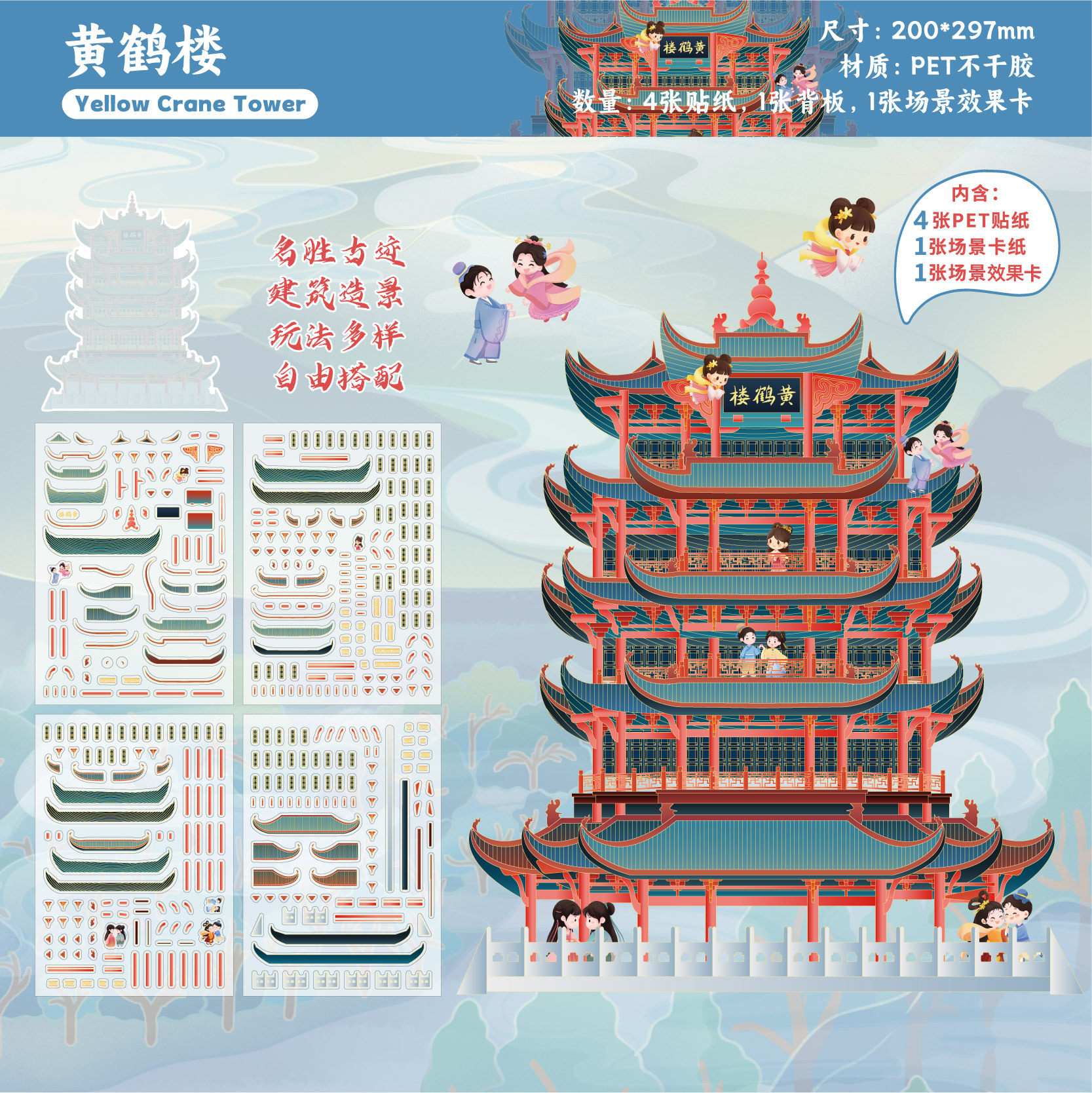 Pegatinas de paisajismo de Retro Story, tema de estilo nacional de arquitecto, pegatinas de película de corte de escena de material arquitectónico famoso