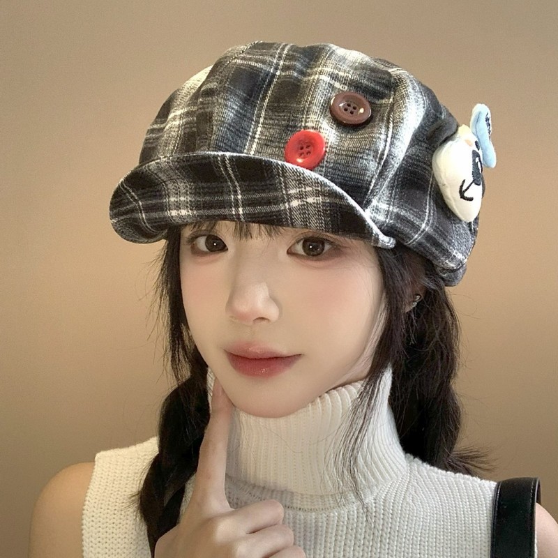 可爱复古纽扣前进帽女春秋百搭小众画家y2k亚文化格子帽贝雷帽子|undefined