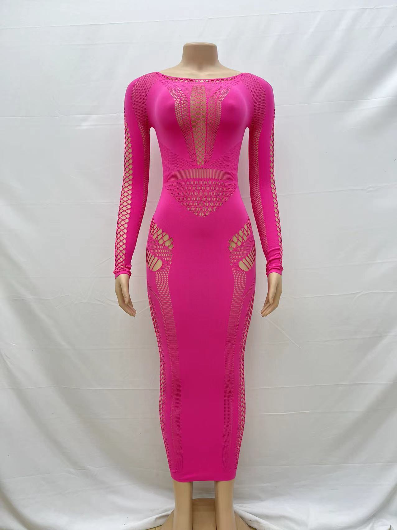 Solid Color round Neck Sexy Slim Hollow Out Cutout Long Sleeve One Piece Knitted Long Sheath One Step Jumpsuit