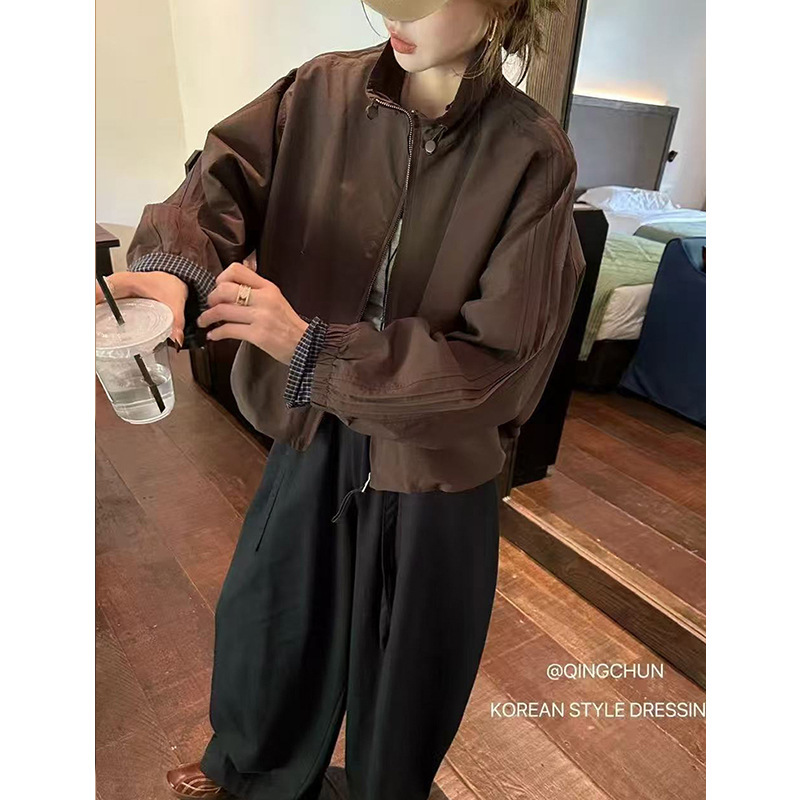 Korean Style Patchwork Sleeve Stand Collar Jacket Versatile Loose Casual Popular Coat Women's Autumn Baseball Jacket Slimming Top