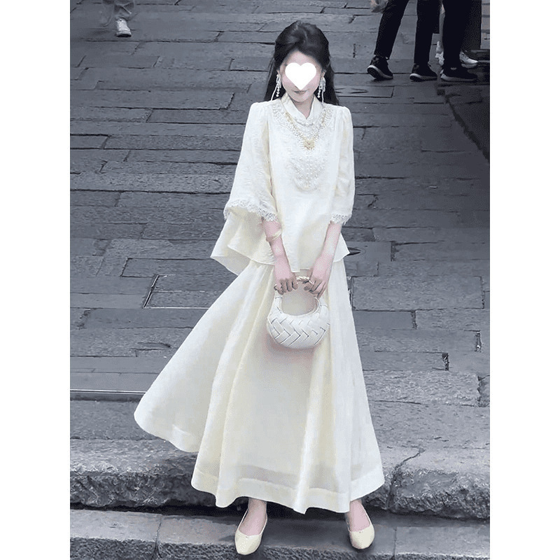 プラスサイズの太ったmmの新しい中国風のクールなヘビービーズのトップスとスカートの美しいスーツの夏服のセット|undefined