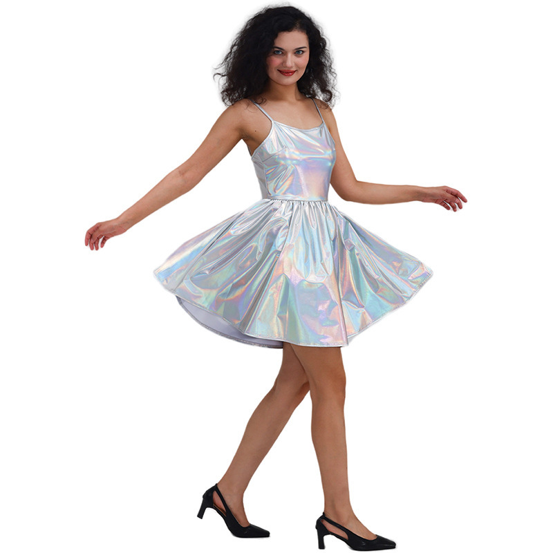 Cross-border new sequin suspenders dress gilded patent leather solid color sexy pleated skirt costume women a generation of hair Cross-border new sequin suspenders dress gilded patent leather solid color sexy pleated skirt costume women a generation of hair