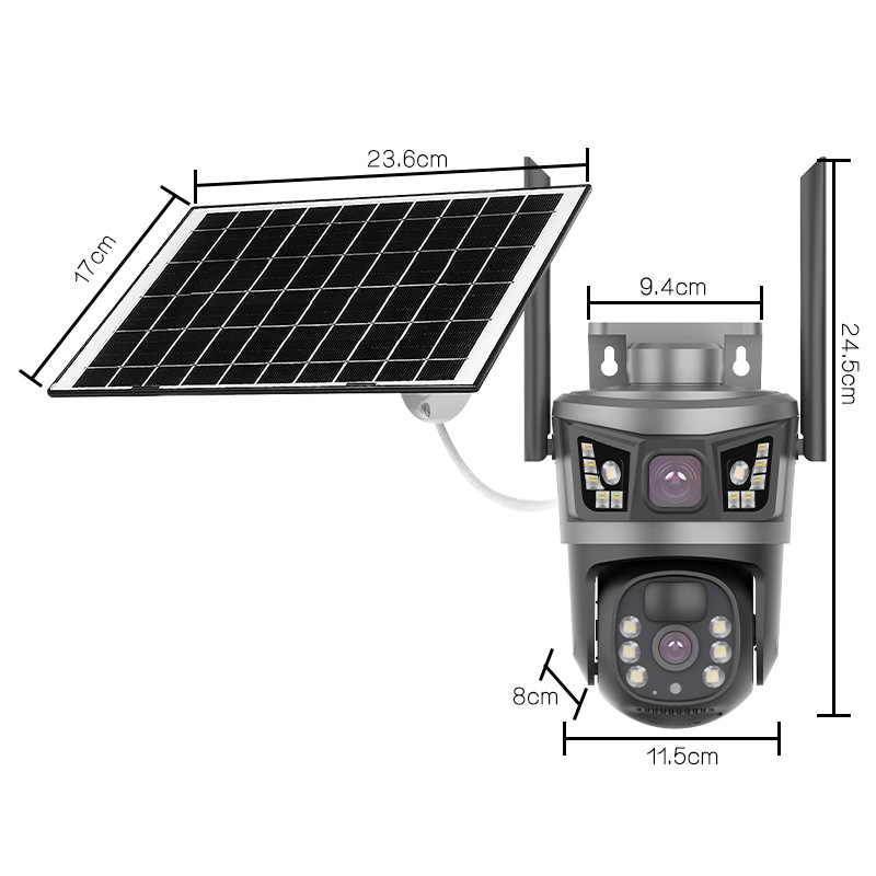 Cámara inteligente panorámica 4G solar, tres lentes, bajo consumo de energía, monitor de voz bidireccional para exteriores, venta caliente transfronteriza