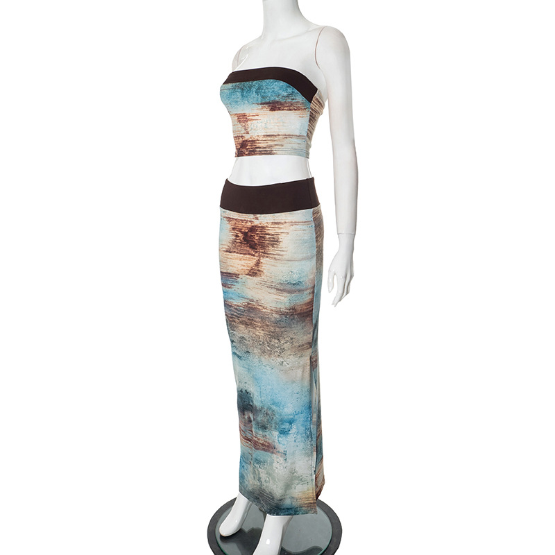 Women Spring Summer Tube Top Blooming Printed off the Shoulder Elastic High Waist Long Hip Skirt Two Piece Sets 9 Women Spring Summer Tube Top Blooming Printed off the Shoulder Elastic High Waist Long Hip Skirt Two Piece Sets