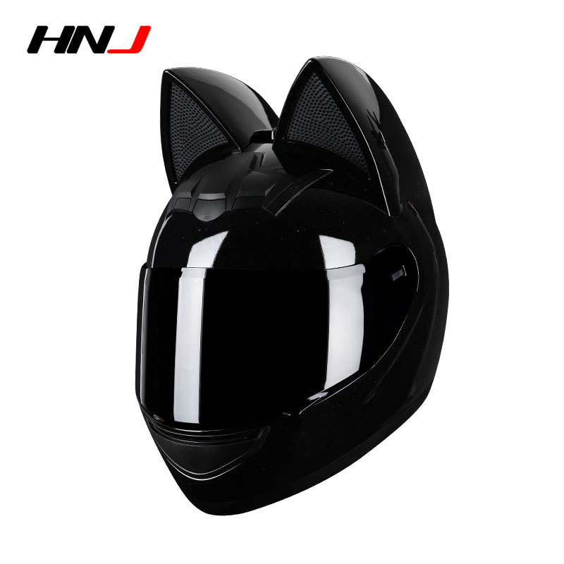 Casco de motocicleta eléctrica HNJ, casco integral con oreja de gato certificado 3C para mujer, verano, se puede equipar con auriculares Bluetooth, casco integral para motocicleta