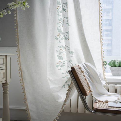 Le Xu Show Finished Curtain Wholesale, Cross-border Exclusive, Amazon/Instagram Style, Green Embroidered Floral Tassels, Semi-Sheer