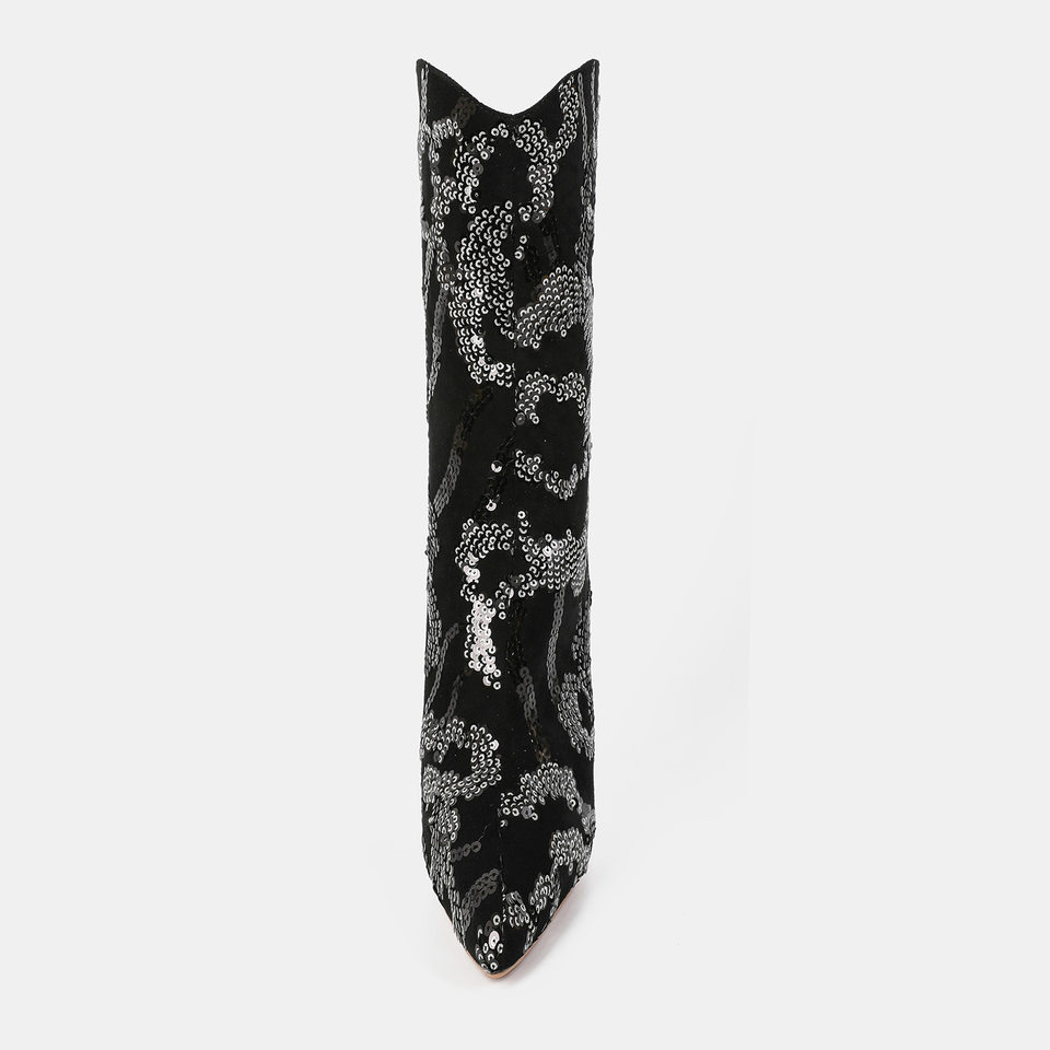 Bốt nữ ngắn cổ trung mũi nhọn họa tiết sequin phối denim, gót cao, khóa kéo sau — màu đen chi tiết 4