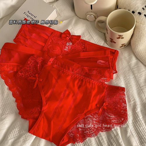 Zodiac year red underwear for women pure cotton crotch sexy lace girls low waist seamless hot pure lust style briefs