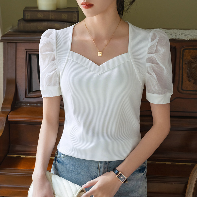 螺纹短袖t恤女夏2025年新款女装雪纺拼接纯色体恤方领泡泡袖上衣
