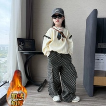 女童秋冬季韩版拼接加绒卫衣格子裤套装潮女孩休闲潮酷工装阔腿裤