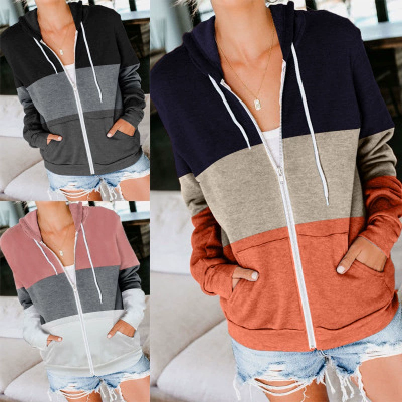 Amazon wish2023 осень и зима Новый европейский и американский свитер с длинными рукавами контрастного цвета с капюшоном женский кардиган на молнии с карманом пальто