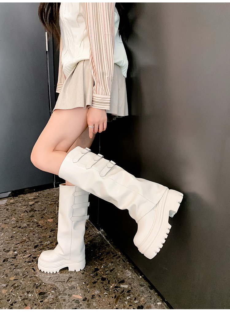 Boot nữ cổ cao ôm bắp chân da thật đế dày tăng chiều cao 15cm gót chunky — Lớp lót đơn màu trắng nhạt 12cm, Lớp lót đơn màu nâu 15cm, Màu đen đơn 12cm, Lớp lót nhung màu nâu 12cm chi tiết 14