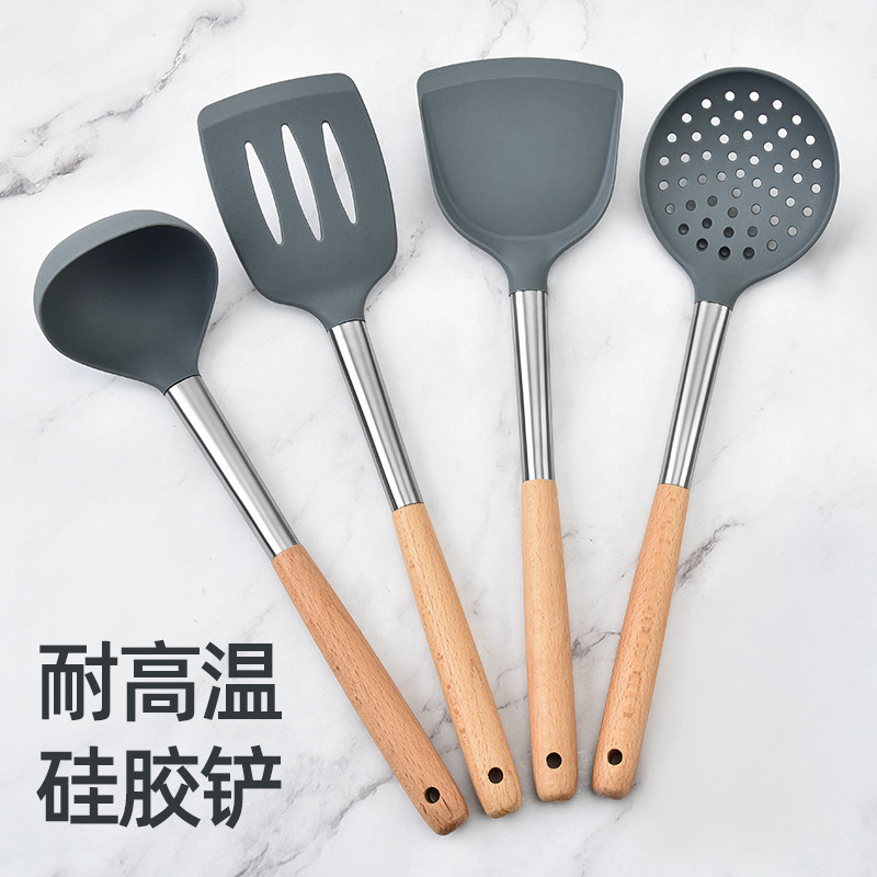 Food Grade Silicone Chinese Shovel High Temperature Resistant Frying Shovel Stir-frying Shovel Easy Cleaning Wooden Handle Kitchenware Pot Shovel Kitchenware suit