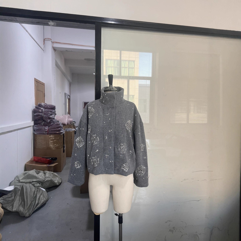 European and American Popular Style 2025 Autumn and Winter Fashion Personality Stand-Up Collar Zipper Sequin Jacket Woolen Coat Real Shot