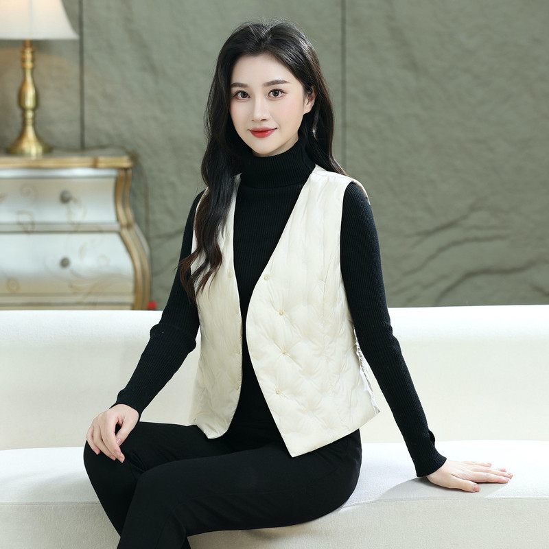 2690 Down Vest for Women, Autumn/Winter New Style, V-Neck, Warm, Slim Fit, Lightweight Inner Layer, Short Vest