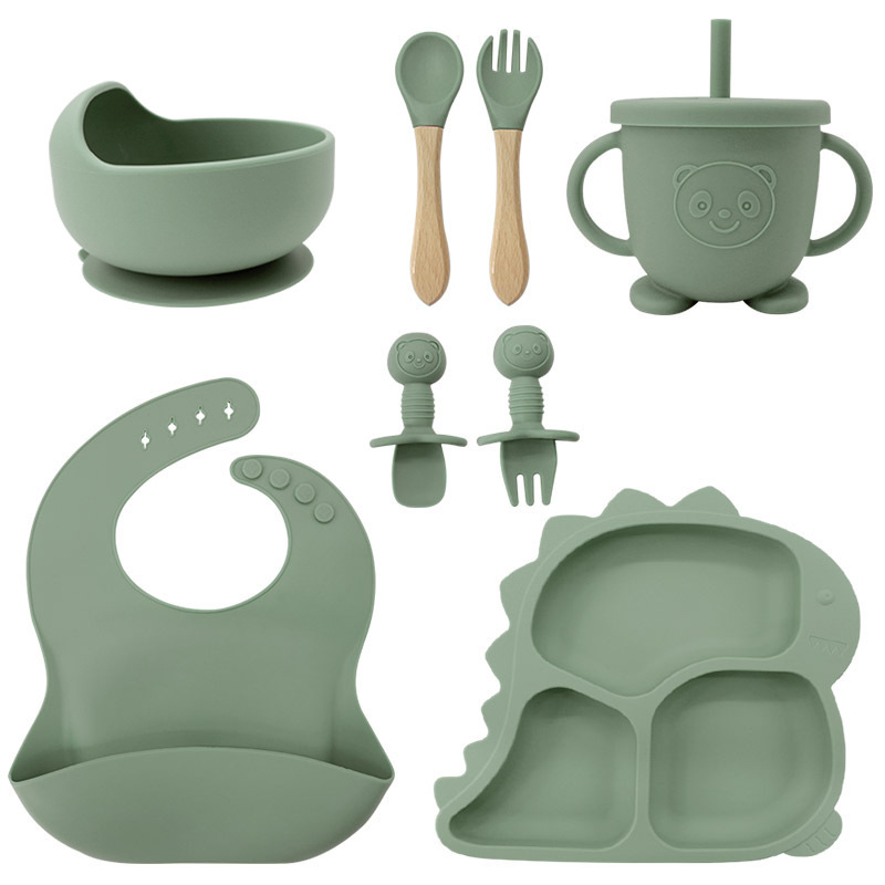 Fábrica al por mayor cubiertos para bebés babecera de silicona platos de comida suplementarios dinosaurios niños comidas set de entrenamiento