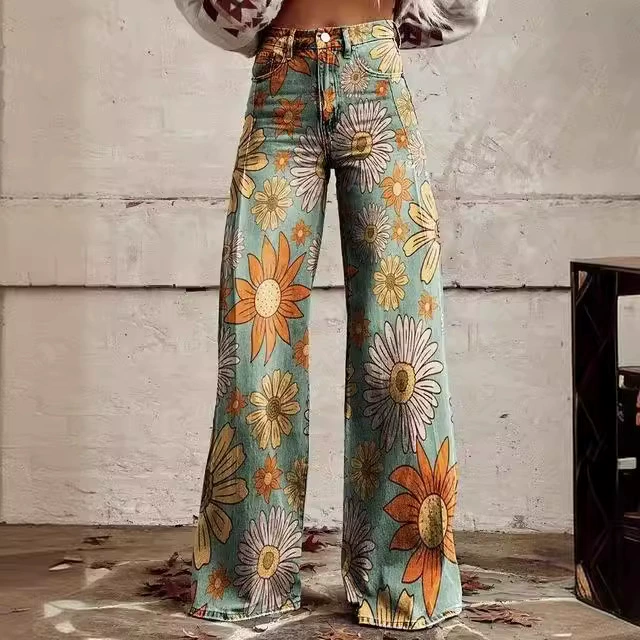 Стильный цветок женские джинсы с высокой талией широкие брюки свободные женские тонкие джинсы с широкими ножками