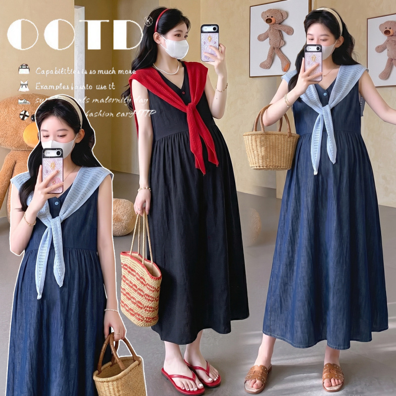 2026 Korean-Style Gentle Maternity Summer Dress, Sleeveless Denim Dress, Trendy Mom Style, Age-Reducing Shawl Two-Piece Set