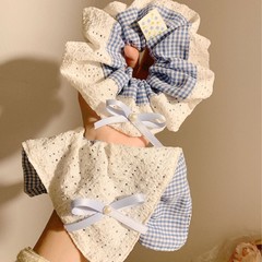バレエ風ブルー格子蝶結び大腸シュシュ女性高級感髪結びローテール大サイズ髪ひも髪飾り