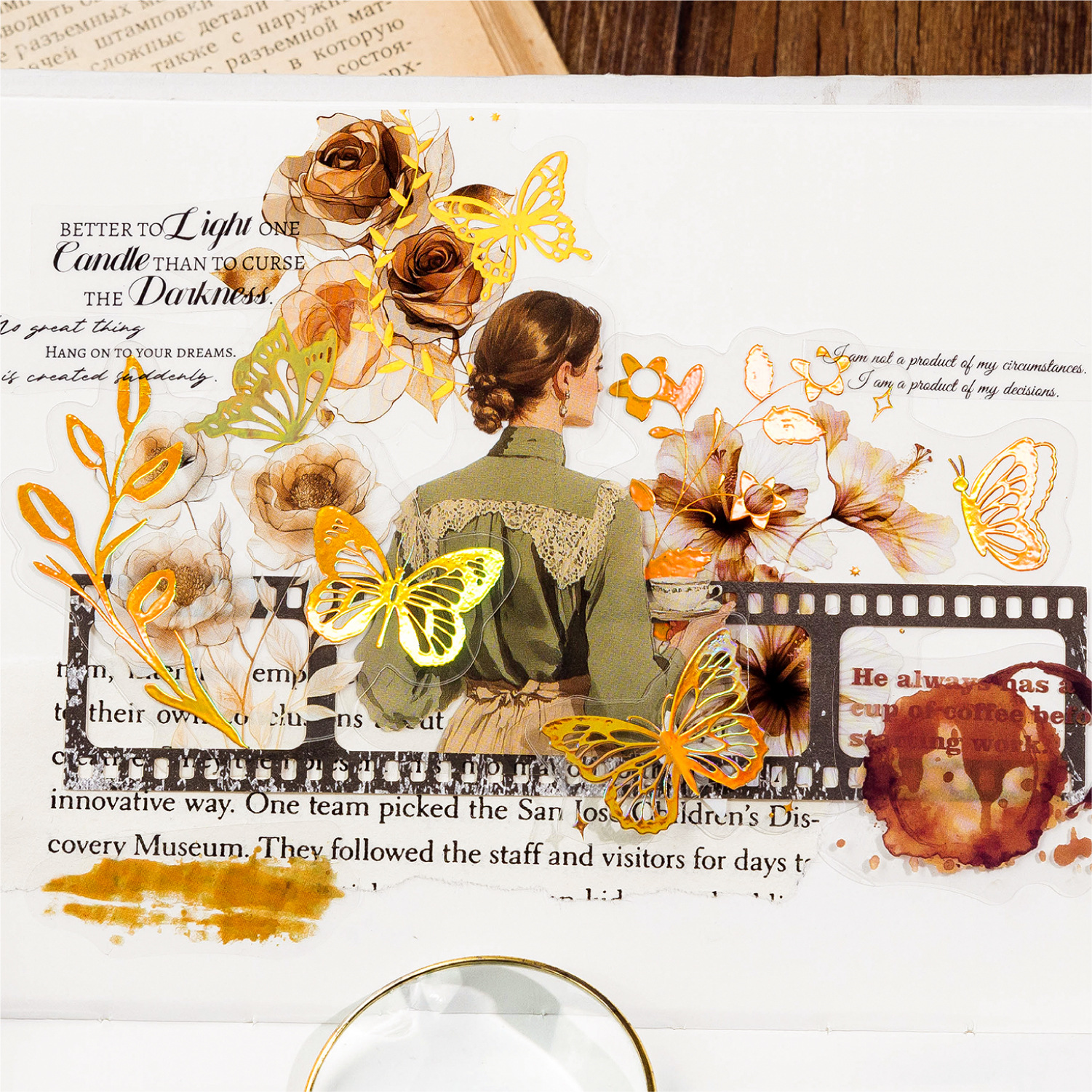 Sugar Poetry PET Stereo Bronceado Pegatinas de tinta blanca Paquete Ka Fragrant Series Retro Plant Flower Cart Pegatinas de cuentas manuales