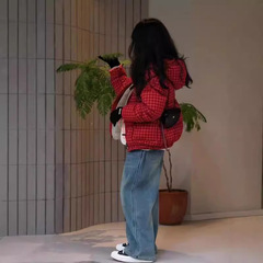 25升级版M红色植绒千鸟格秋冬男童女童时尚潮欧美百搭加厚款连帽