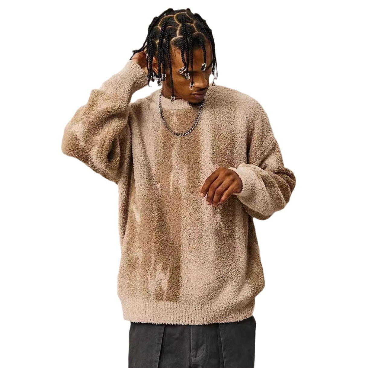 Men's Clothing color matching loose sweater autumn and winter new long sleeved knitted sweater round neck top_voghion.com