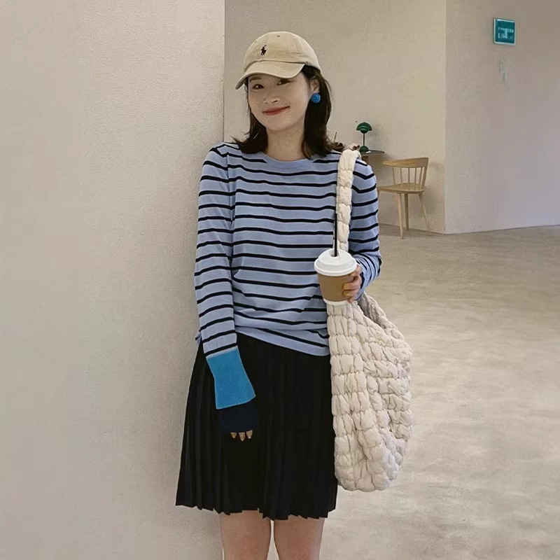 26 Women's Korean-Style Base Shirt with Acetate Cotton Color-Block Sleeves, High-End Classic Casual Striped Long-Sleeve T-Shirt, Commuter Style