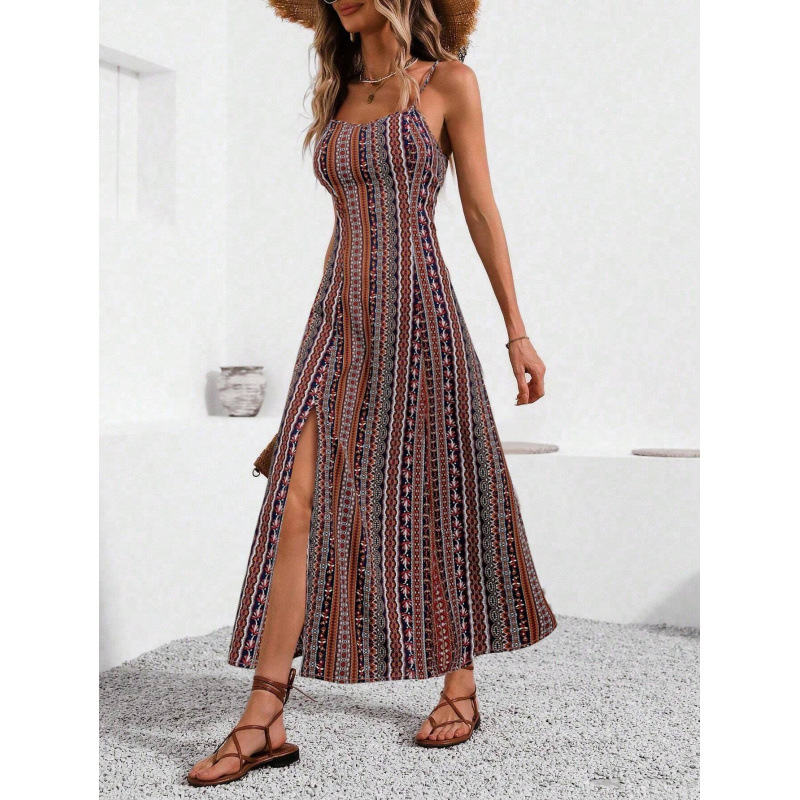 Cross-Border European And American Women's Clothing Bohemian Style Long Strap Slim Fit Slimming Split Design_voghion.com