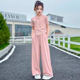 女童中式休闲夏装套装中大童夏季新款洋气短袖上衣时髦长裤两件套
