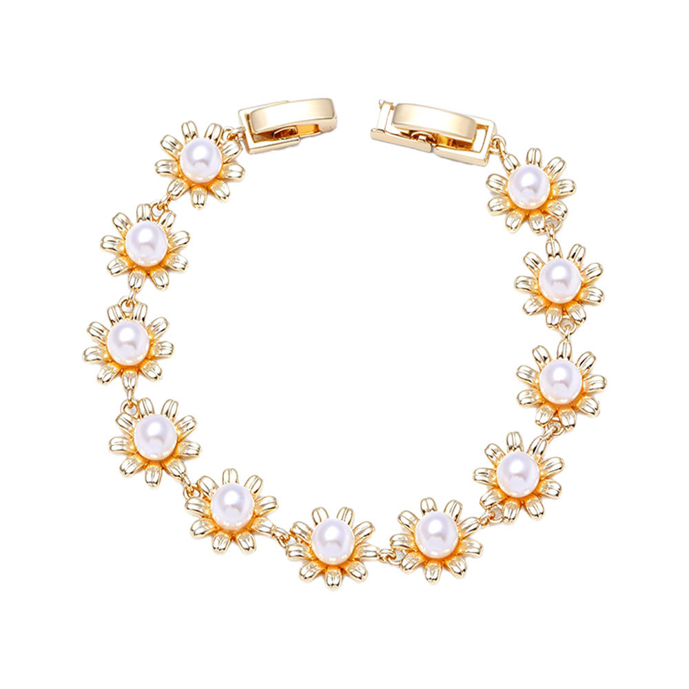 Pulsera de cobre puro lujosa y a la moda para mujer con diseño geométrico de flor de girasol y perlas, única y sencilla._voghion.com