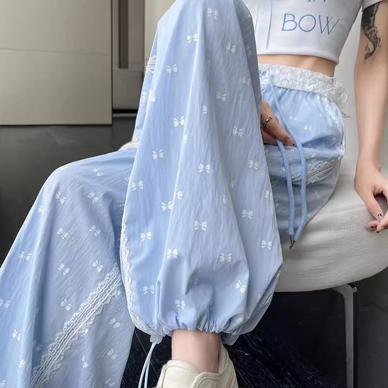 Быстросохнущие спортивные брюки из ледяного шелка с кружевным бантом для женщин, летние тонкие свободные прямые повседневные широкие брюки с завязками на ногах