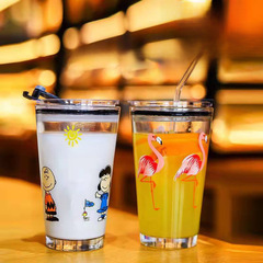 創意塗鴉吸管杯透明玻璃杯牛奶果汁杯子密封帶蓋兒童吸管水杯