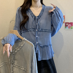 法式木耳边系带V领衬衫秋装新款女装显瘦修身百搭长袖上衣女A6603