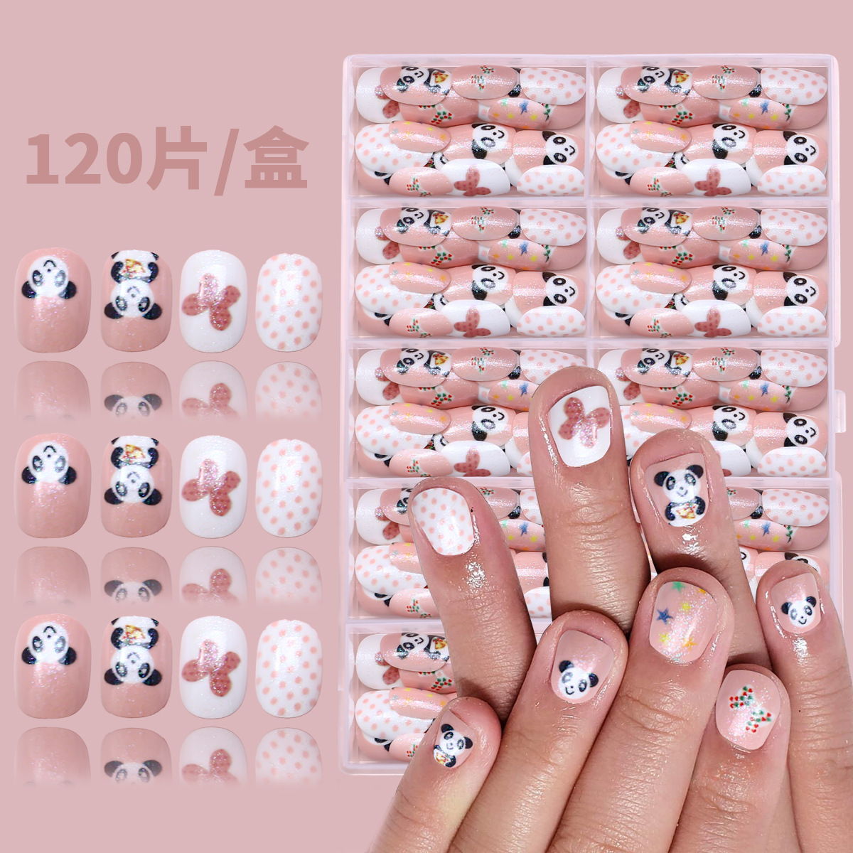Nuevo niño impresión UV desgaste de uñas 120 piezas de caja de uñas falsas lindas dibujos animados mezclados parches de uñas