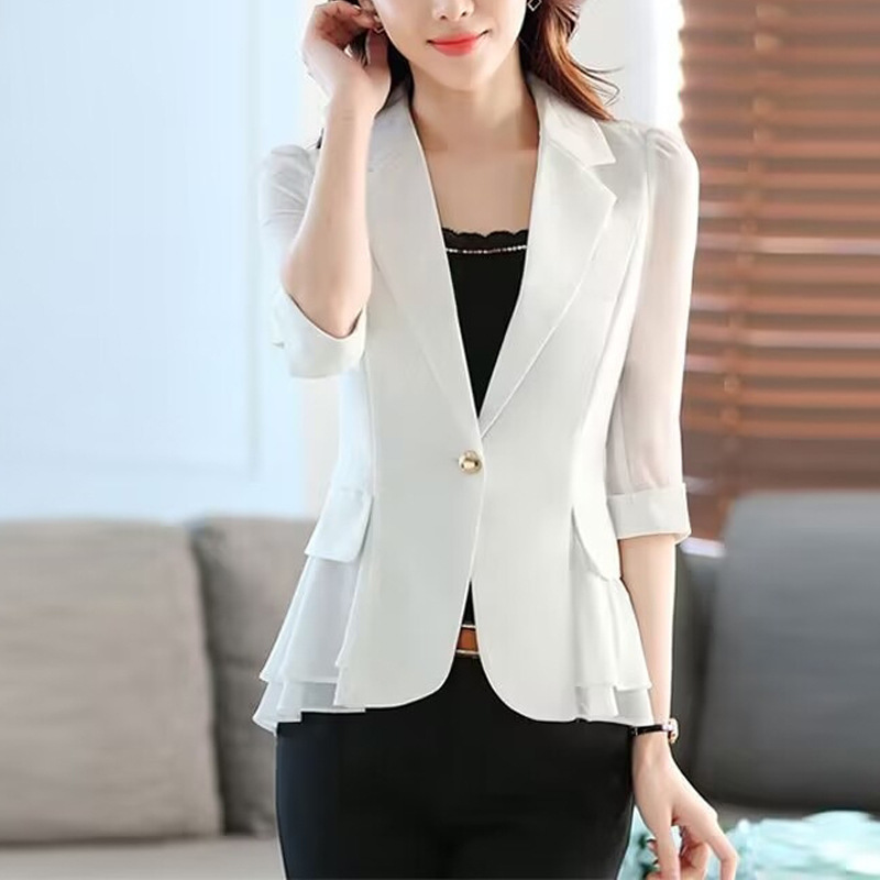 Saco Blazer Corto con Manga 3/4 para Mujer de Poliéster con Volantes