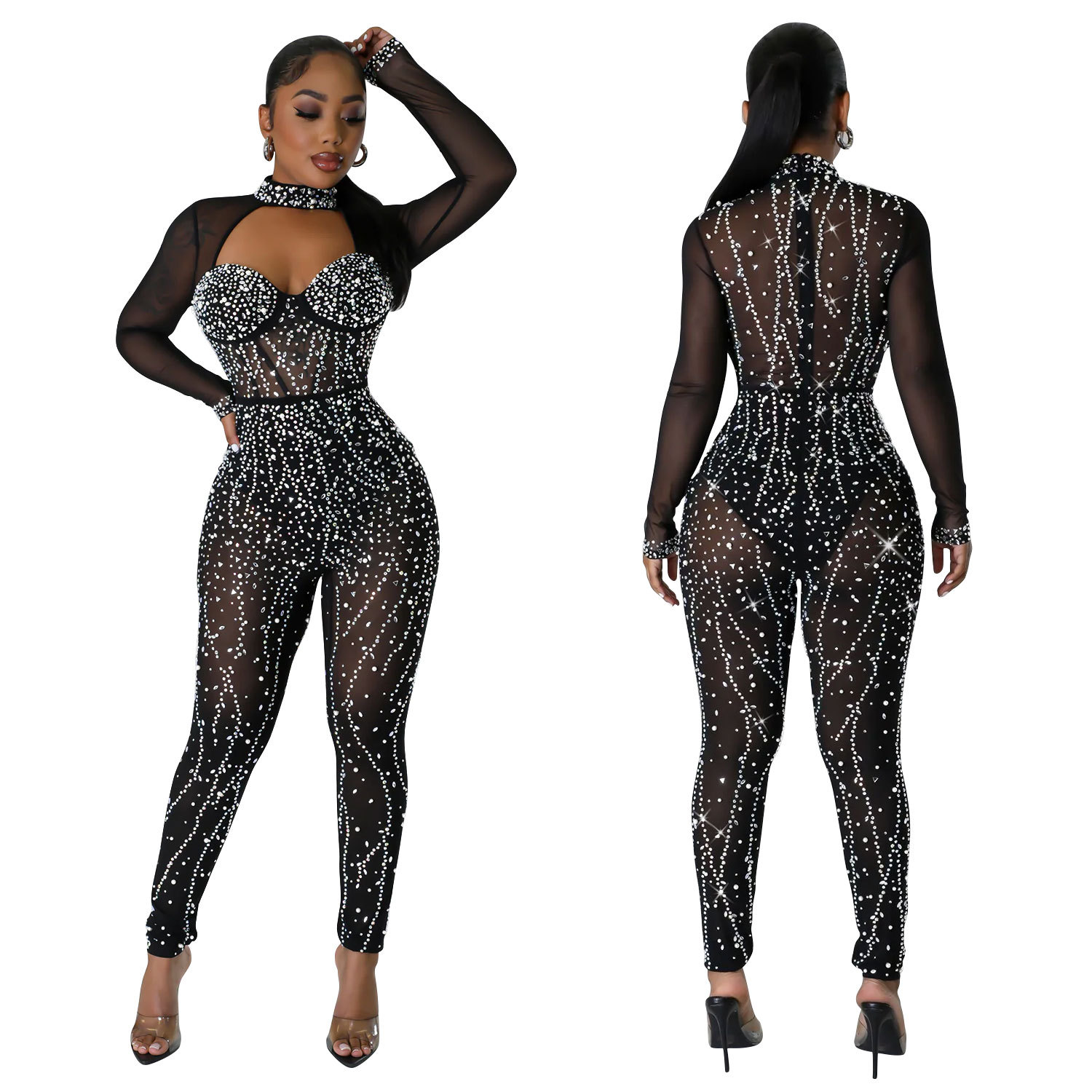 C6788 transfronterizo AliExpress Amazon europeo y americano de las mujeres de moda de color sólido de malla de diamantes de imitación de manga larga pantalones mono image 7