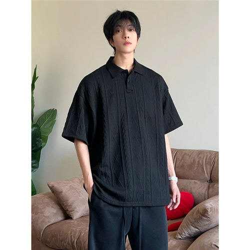 Lazily Trendy Loose Texture Knit Polo Shirt for Men - 2025 Summer Retro Stand-up Collar T-shirt Breathable Old Money Short Sleeve